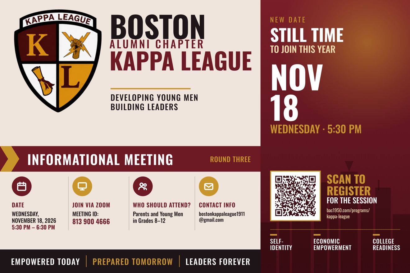 Kappa League Informational Meeting, Round Three: Wednesday, November 18, 2026, 5:30 to 6:30 PM on Zoom, Meeting ID 813 900 4666, for parents and young men in grades 8 to 12.
