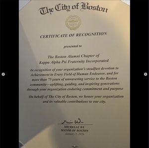 City of Boston Certificate of Recognition presented to Boston Alumni Chapter